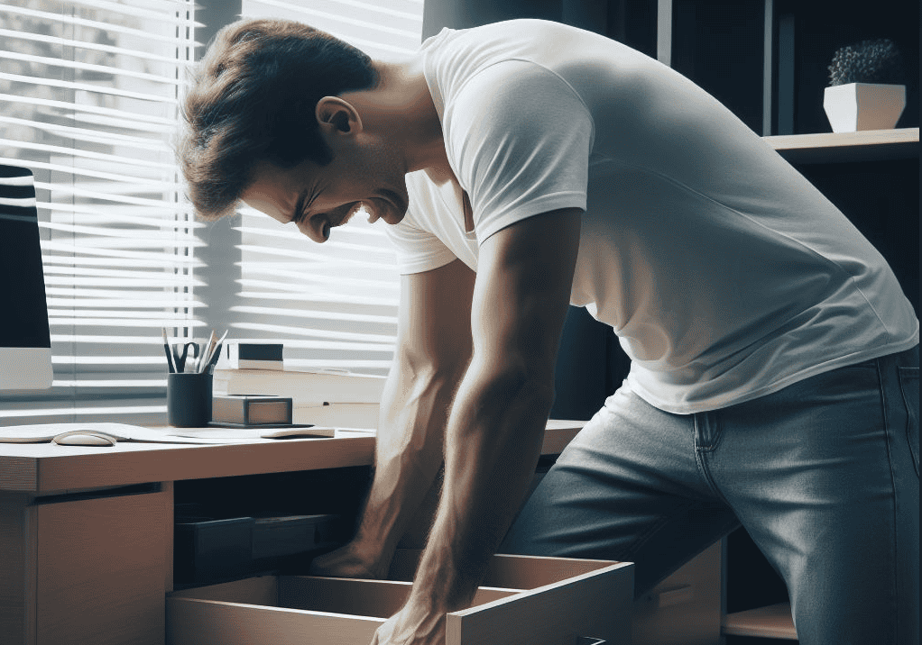 frustrated man attempting to open his jammed drawer of a desk