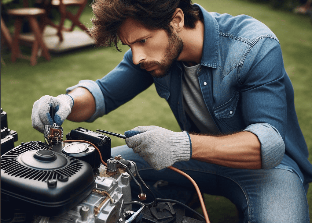 man checking and testing his lawn mower