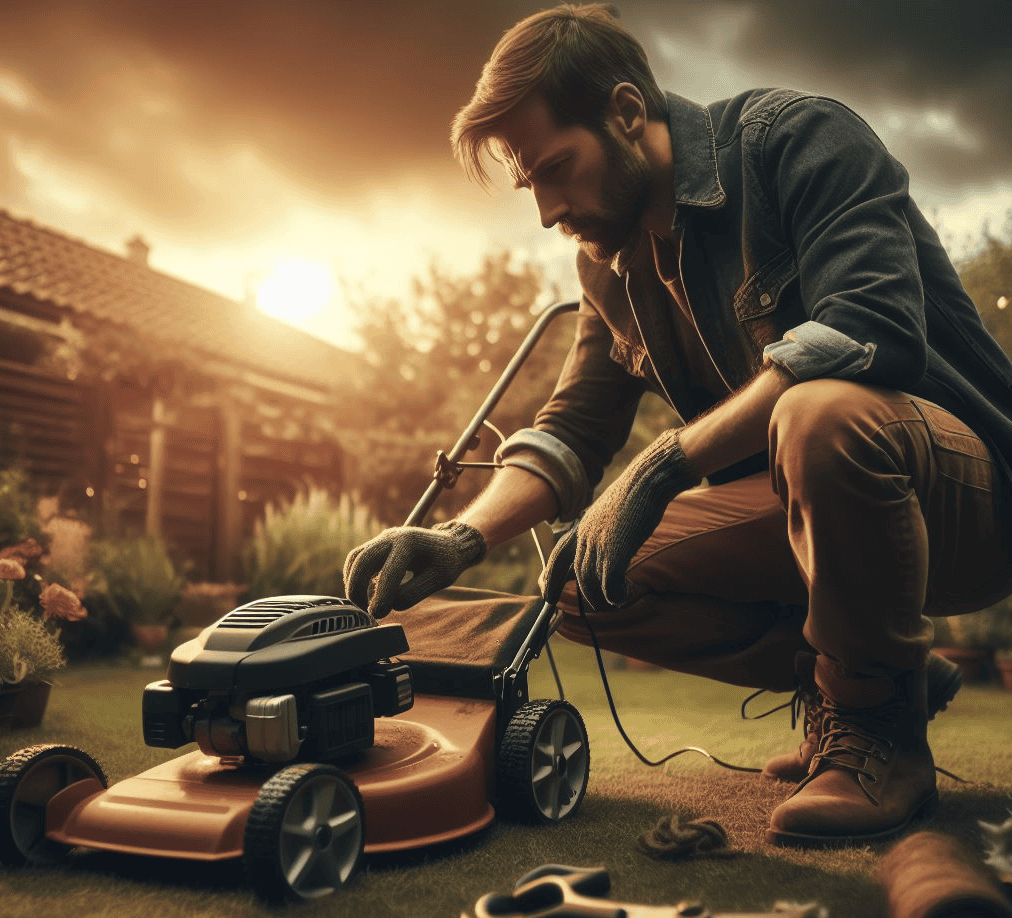 Man working on his lawn mower