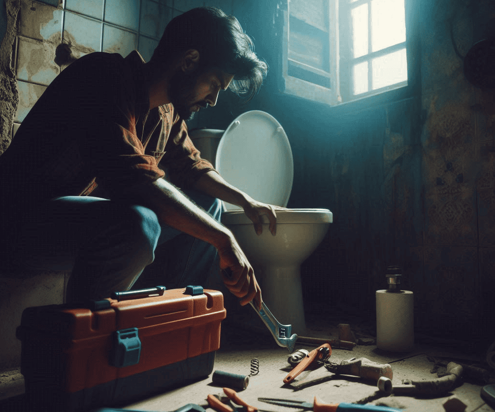 man fixing a toilet with some tools in his hand