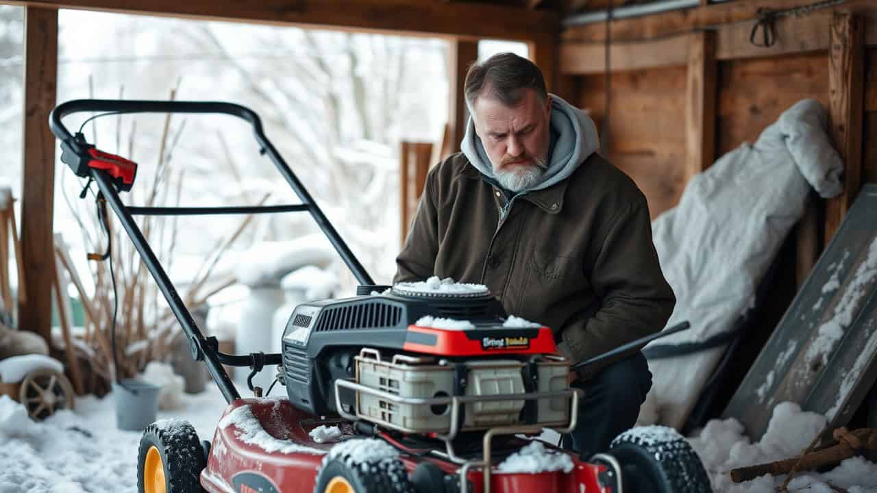 man frowning at lawn mower that could not start