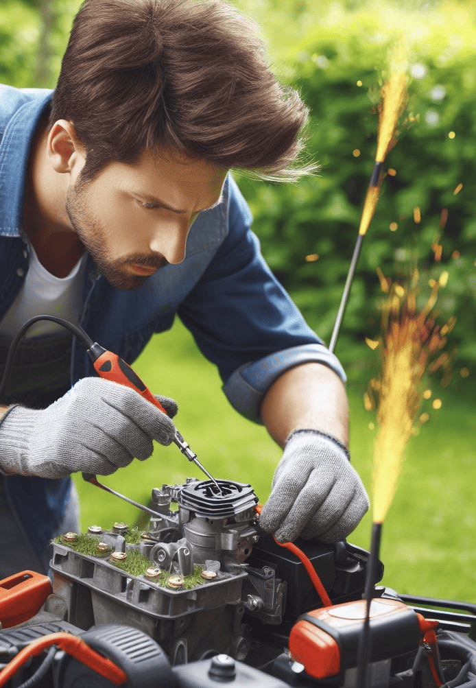 man troubleshooting his faulty lawn mower