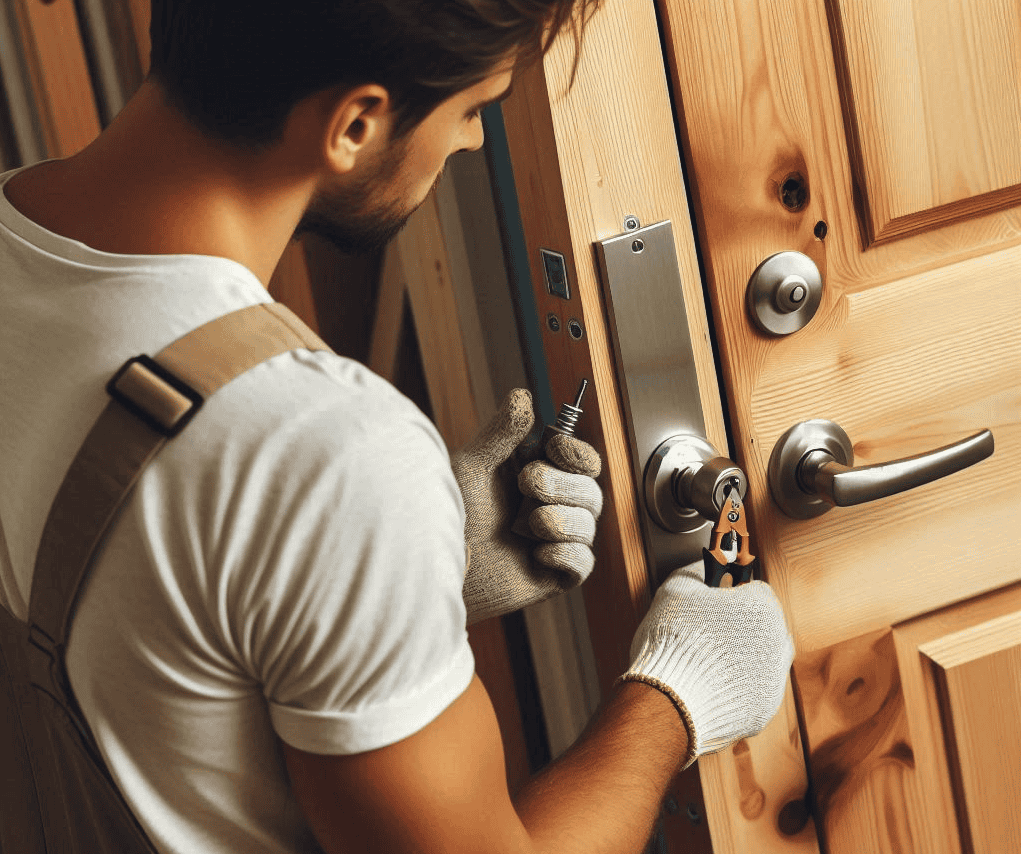 handy man installing a new doorknob